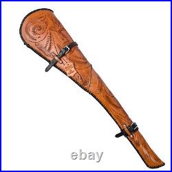 33 Brown Hand Tooled Rifle Cover Scabbard Shotgun Sleeve Genuine Leather Case