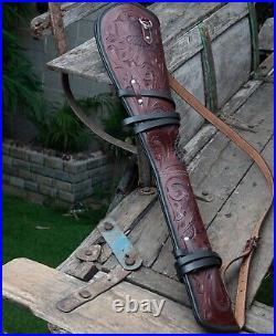33inch Hand Tooled Rifle Cover Scabbard Red Shotgun Sleeve Genuine Leather Case