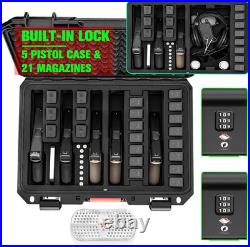 Built-In Lock TSA Gun Case for Handguns, 5 Pistol Case & 21 Magazines- Pre-Cut M