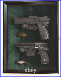 Gun Display Case DOUBLE Black & Green LED Lite Wood Handgun Pistol Revolver Rack