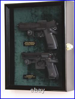 Gun Display Case DOUBLE Black & Green LED Lite Wood Handgun Pistol Revolver Rack