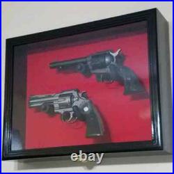 Gun Display Case DOUBLE Black & Green LED Lite Wood Handgun Pistol Revolver Rack
