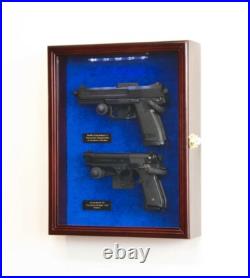 Gun Display Case DOUBLE Black & Green LED Lite Wood Handgun Pistol Revolver Rack