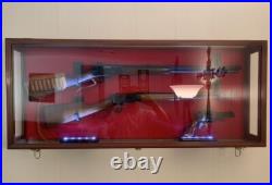 Gun Display Case Double Oak & Black Rifle Wood Clear View Shadow Box Cabinet
