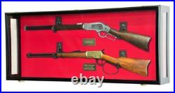 Gun Display Case Double Oak & Black Rifle Wood Clear View Shadow Box Cabinet