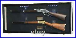 Gun Display Case Double Oak & Black Rifle Wood Clear View Shadow Box Cabinet