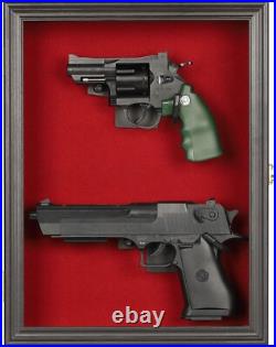 Gun Display Case Double Wood 16 x 13 In Handgun Pistol Revolver Lock Shadow Box