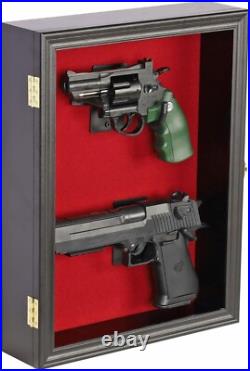 Gun Display Case Double Wood 16 x 13 In Handgun Pistol Revolver Lock Shadow Box