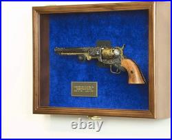 Gun Display Case LARGE Walnut Wood & Blue LED Light Handgun Revolver Shadow Box