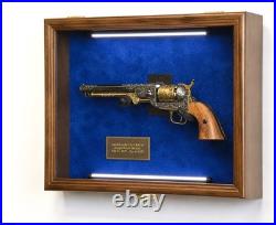 Gun Display Case LARGE Walnut Wood & Blue LED Light Handgun Revolver Shadow Box