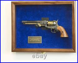Gun Display Case LARGE Walnut Wood & Blue LED Light Handgun Revolver Shadow Box