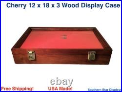 Gun Display Case Pistol 18 x 12 x 3 Revolver Knife Cherry Wood USA Shadow Box