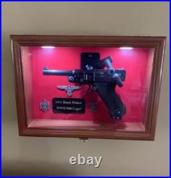 Gun Display Case Walnut LED Light Handgun Pistol Revolver Lock Wood Shadow Box