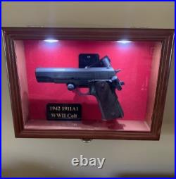 Gun Display Case Walnut LED Light Handgun Pistol Revolver Lock Wood Shadow Box