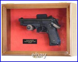 Gun Display Case Walnut LED Light Handgun Pistol Revolver Lock Wood Shadow Box