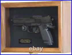 Gun Display Case Walnut LED Light Handgun Pistol Revolver Lock Wood Shadow Box