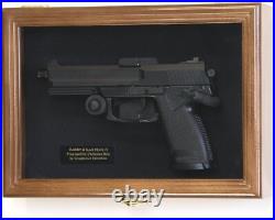 Gun Display Case Walnut LED Light Handgun Pistol Revolver Lock Wood Shadow Box