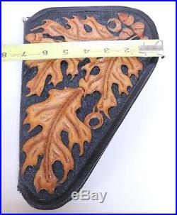 HAND MADE TOOLED LEATHER Small PISTOL GUN RUG CASE BROWN FLEECE LINED OAK LEAVES