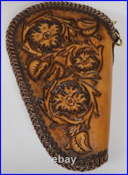 Hand Crafted Small Brown Leather Gun Case Tooled Western Floral Fleece Lined Hand Crafted Small Brown Leather Gun Case Tooled Western Floral Fleece Lined