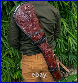 Hand Tooled Rifle Cover Scabbard Shotgun Sleeve Genuine Leather Case Dark Red