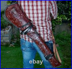 Hand Tooled Rifle Cover Scabbard Shotgun Sleeve Genuine Leather Case Dark Red