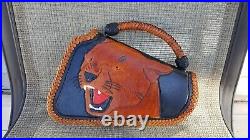 Hand Tooled Soft Padded Lion Gun Case, Hand cut lacing. Custom Braided Handle