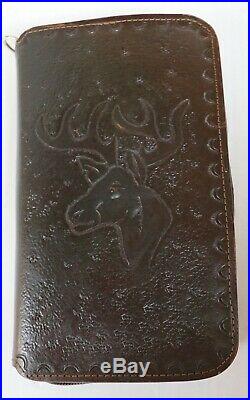 Handcrafted Brown Leather Gun Case Rug Book Style Small Hand Tooled Deer New