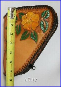 Handcrafted Leather Small Pistol Hand Gun Case Tooled Floral Front Laced New