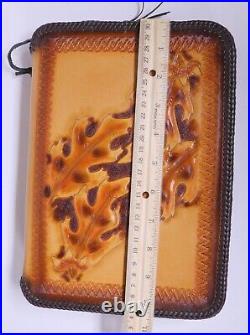 Handcrafted Tooled Oak Leaf Brown Leather Book Style Pistol Case Gun Rug Zip Up