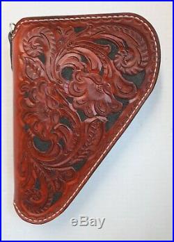 Handtooled Hand Made Tooled Floral Leather Pistol Hand Gun Case Fleece Lined