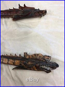 Indonesian / Borneo Hand Carved Wooden Blow Gun Dragon Gator Bird Dart Case