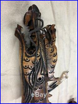 Indonesian / Borneo Hand Carved Wooden Blow Gun Dragon Gator Bird Dart Case