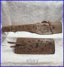 Ornate Vintage Hand Tooled Leather Hunting Rifle/Gun Case 2 pc Leaping Buck Deer