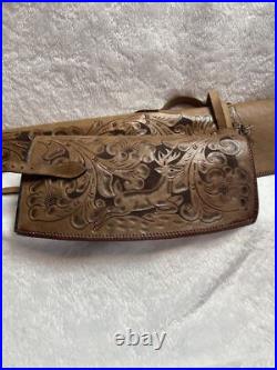 Ornate Vintage Hand Tooled Leather Hunting Rifle/Gun Case 2 pc Leaping Buck Deer