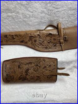 Ornate Vintage Hand Tooled Leather Hunting Rifle/Gun Case 2 pc Leaping Buck Deer