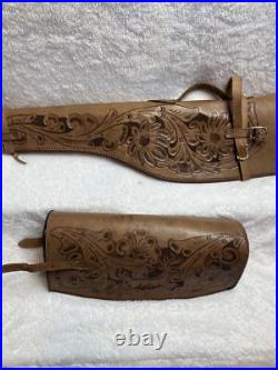 Ornate Vintage Hand Tooled Leather Hunting Rifle/Gun Case 2 pc Leaping Buck Deer