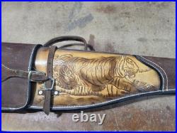 Rare Tiger Motif Vintage Hand-Tooled Mexican Leather 2-Piece Scabbard Case