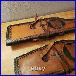 SET OF 2 Vintage Leather Ranch Hand Tooled Leather Gun Holster Sheepskin 37