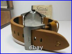 Szanto Vintage Men's Diver Watch 5203 Gun Grey Case/Bezel Black Dial Brown Strap