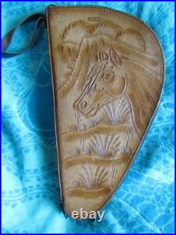 VINTAGE HAND TOOLED LEATHER PISTOL GUN CASE HORSE HEAD FLEECE LINED ZIPS 14 x 7 VINTAGE HAND TOOLED LEATHER PISTOL GUN CASE HORSE HEAD FLEECE LINED ZIPS 14 x 7