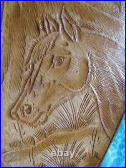 VINTAGE HAND TOOLED LEATHER PISTOL GUN CASE HORSE HEAD FLEECE LINED ZIPS 14 x 7