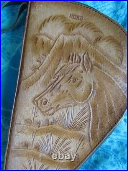 VINTAGE HAND TOOLED LEATHER PISTOL GUN CASE HORSE HEAD FLEECE LINED ZIPS 14 x 7