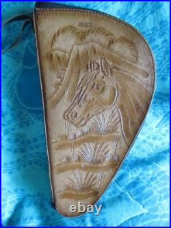 VINTAGE HAND TOOLED LEATHER PISTOL GUN CASE HORSE HEAD FLEECE LINED ZIPS 14 x 7