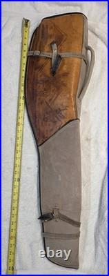 Vintage Hand Tooled Leather Rifle Case 36 Fleece Lined Suede Scabbard Deer Scene