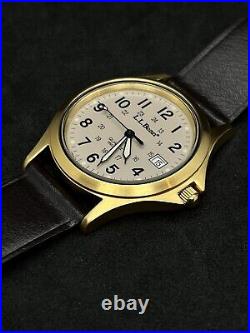 Vintage L L BEAN Men's 38mm Quartz Watch Gold Case Black Leather 24 Hr Military