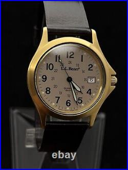 Vintage L L BEAN Men's 38mm Quartz Watch Gold Case Black Leather 24 Hr Military