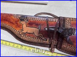 Vintage deer BUCK 46 Shotgun Case Brown Leather Hand Tooled Gun Rifle Hunting